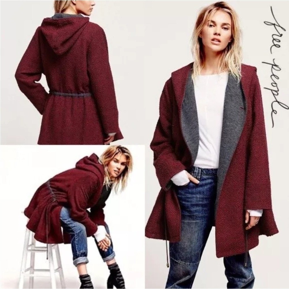 Free People Red Gray Satellite Image Tweed Swing Oversized Jacket Coat XS Fall
